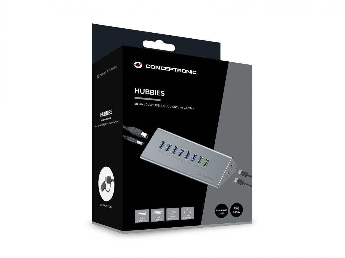 Conceptronic  HUBBIES17G 10-Port USB3.2 Gen 2 Hub Grey