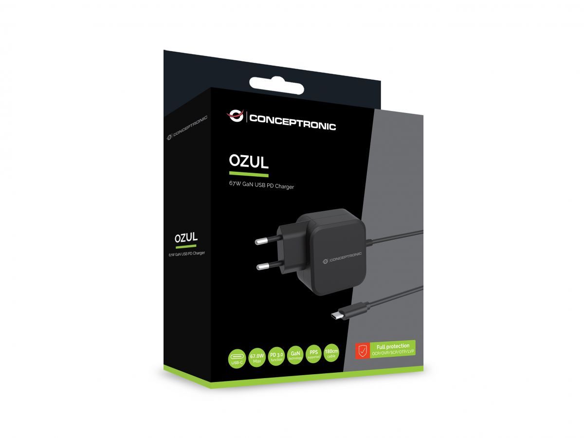 Conceptronic  OZUL04BE 67W GaN USB PD Charger Built-in USB-C Cable Black