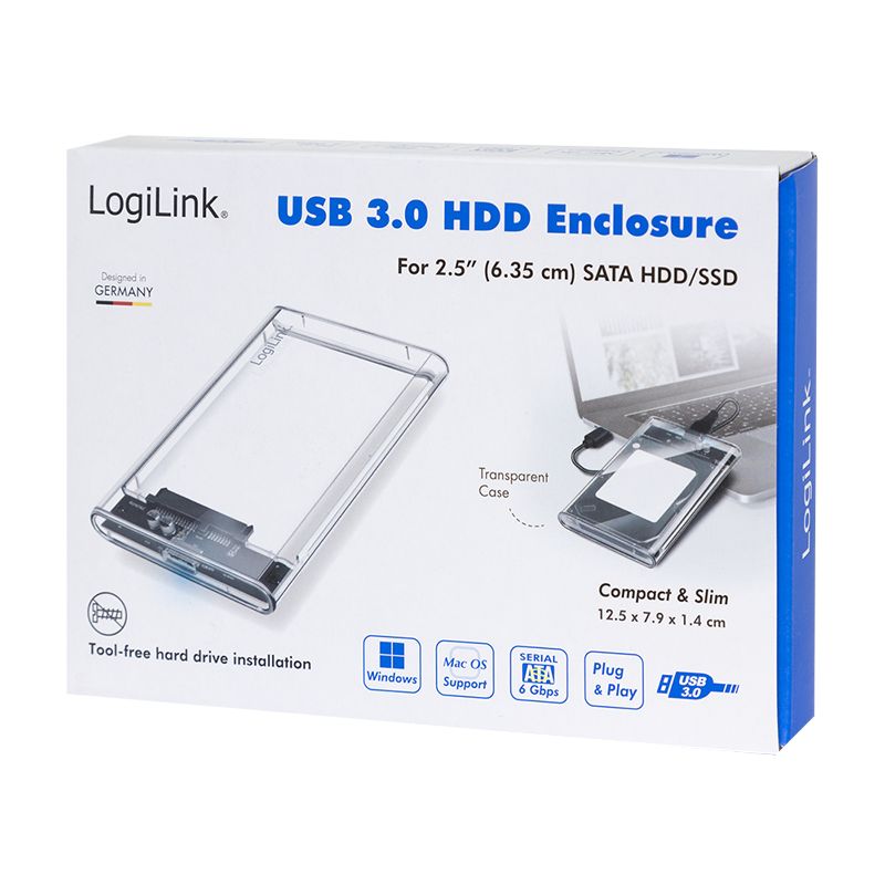 Logilink External HDD enclosure 2,5" HDD/SSD, USB 3.0 tool-free Transparent