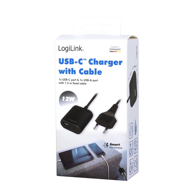 Logilink Dual USB charger with 1,5m fixed cable 12W Black