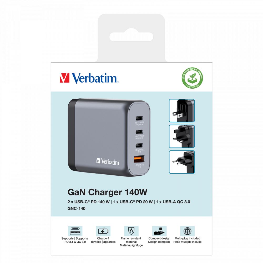 Verbatim 140W 4-Port GaN Wall Charger Grey