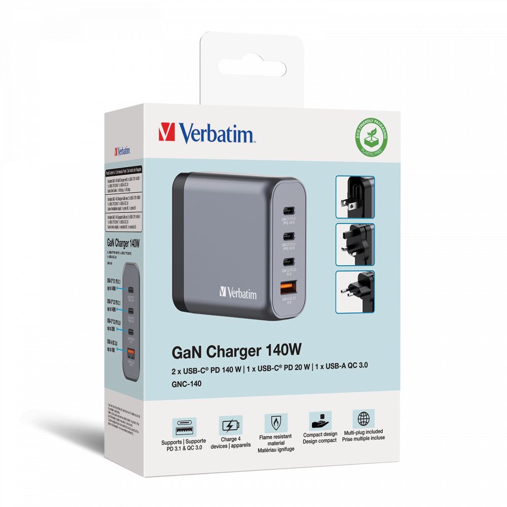 Verbatim 140W 4-Port GaN Wall Charger Grey