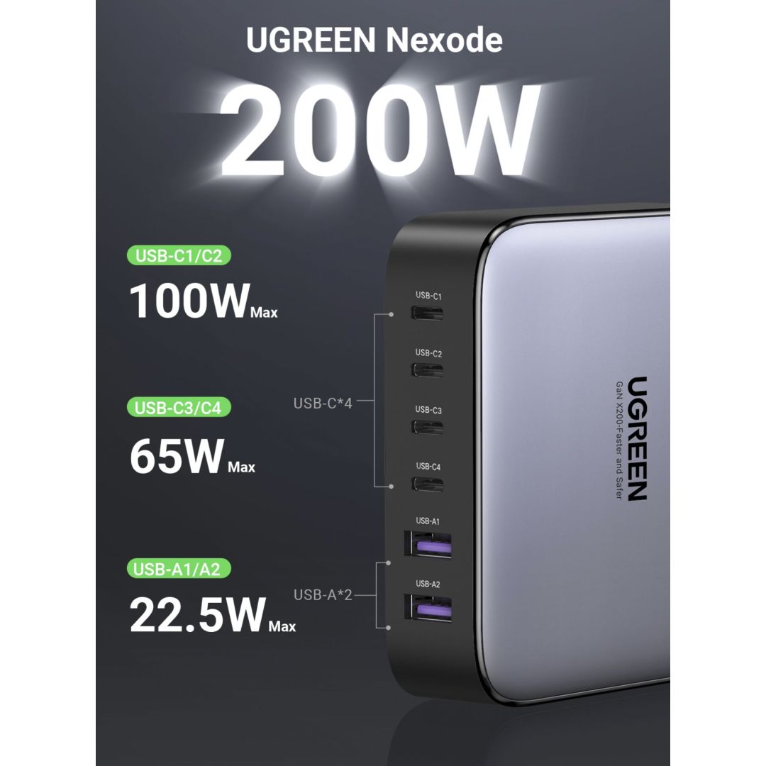 UGREEN Desktop Fast Charger 2USB-A+4USB-C 200W Grey