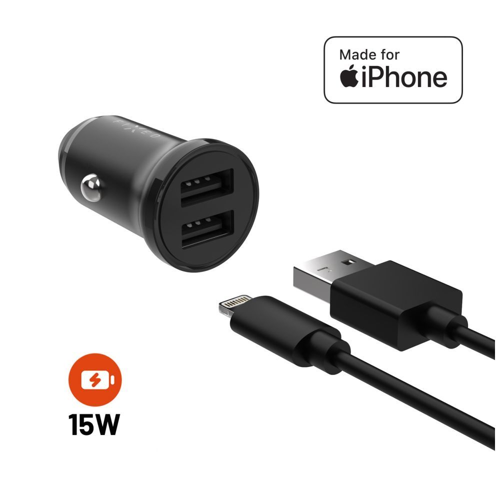 FIXED Dual USB Car Charger 15W + USB/Lightning Cable Black