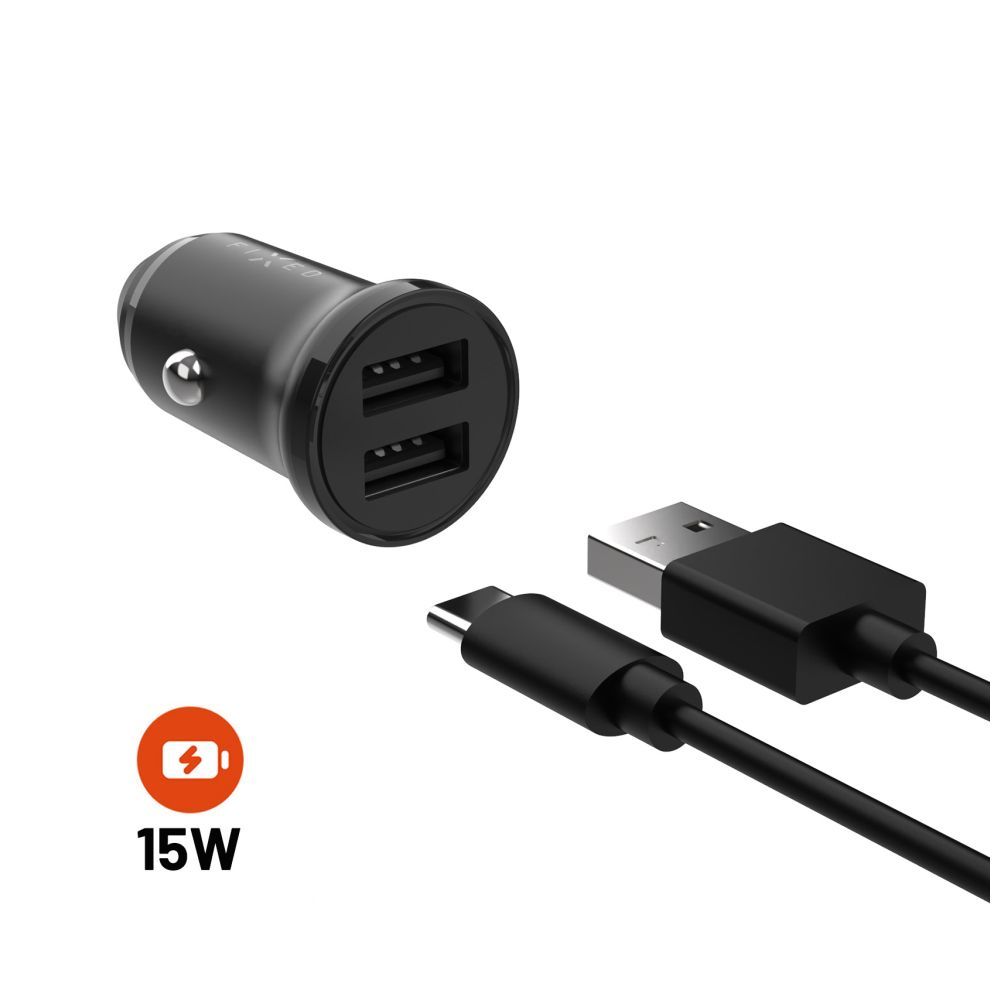 FIXED Dual USB Car Charger 15W + USB/USB-C Cable Black