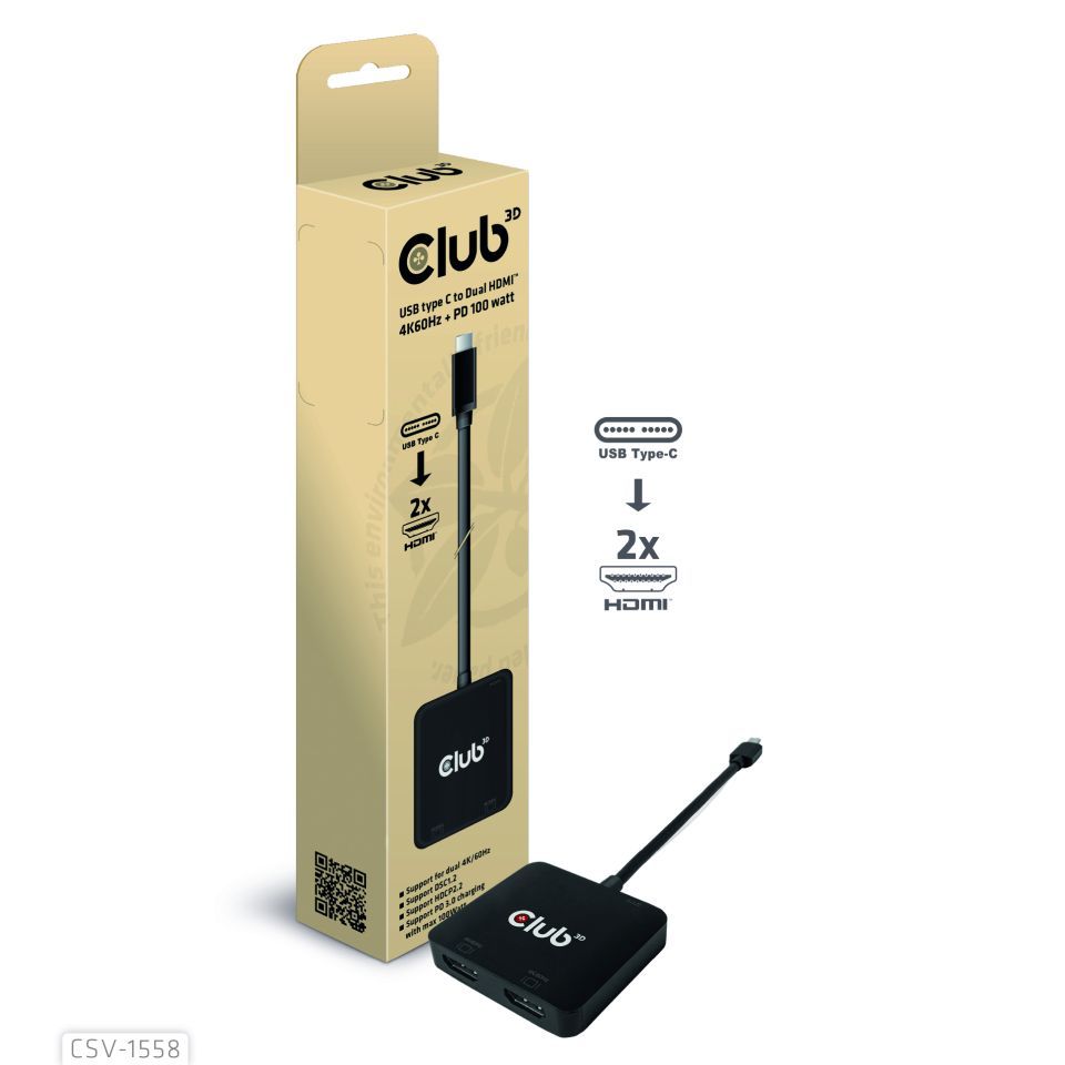 Club3D Club3D MST-Hub USB 3.2 Typ C &gt; 2x HDMI 4K60Hz +100W PD St/Bu retail