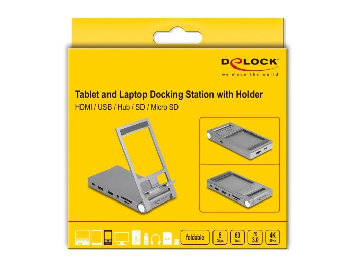 DeLock Tablet and Laptop Docking Station 4K with integrated holder - HDMI / USB / Hub / SD / Micro SD / PD 3.0 - foldable