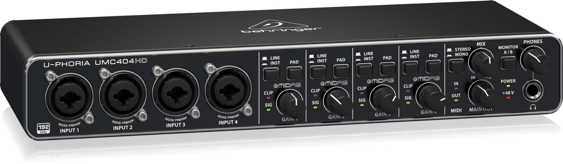 Behringer UMC404HD Audiophile 4x4, 24-Bit/192 kHz USB Audio/MIDI Interface with Midas Mic Preamplifiers