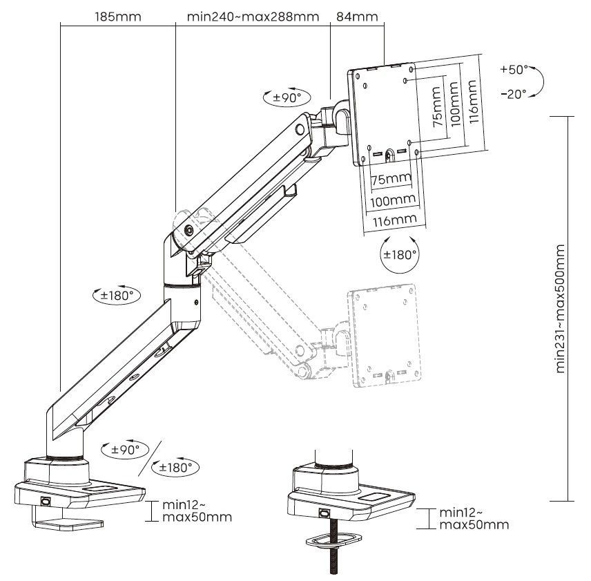 EQuip 17"-49" Heavy-Duty Monitor Desk Mount Bracket White