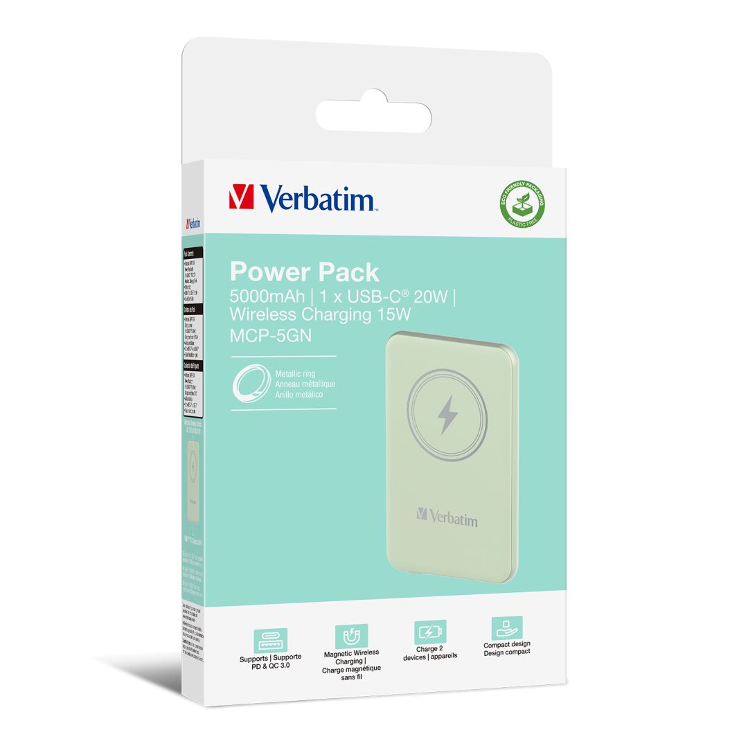 Verbatim Charge 'n' Go Magnetic Wireless 5000mAh PowerBank Green