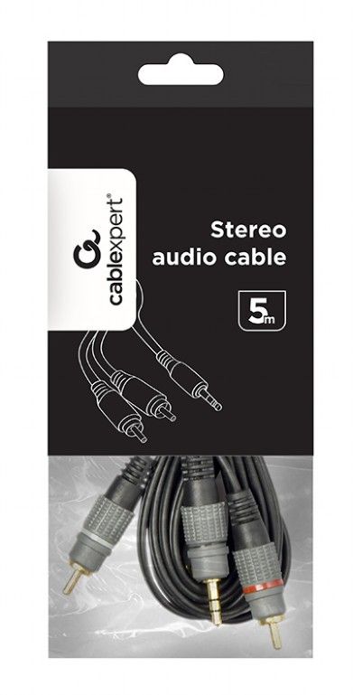 Gembird CCA-352-5M 3.5 mm stereo plug to 2xRCA plugs gold-plated connectors 5m cable Black