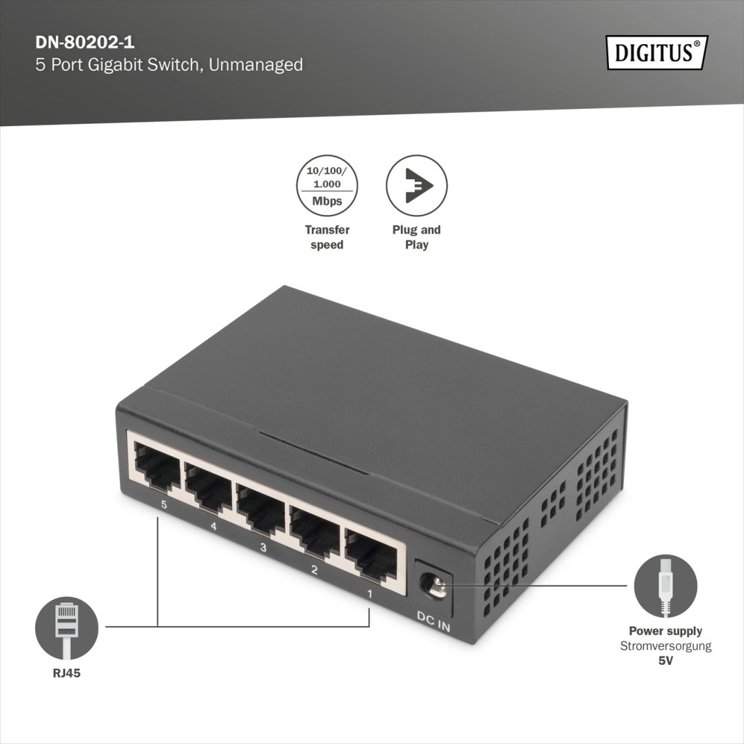 Digitus 5 port Gigabit Network Desktop Metall Housing Switch