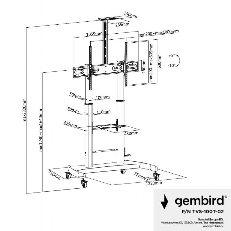 Gembird TVS-100T-02 Height adjustable TV floor stand with caster wheels 60"-100" Black