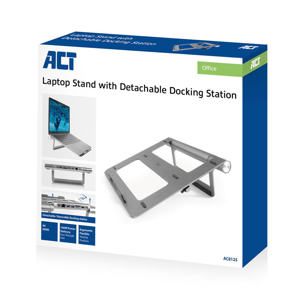 ACT AC8125 Laptop stand aluminium stepless height adjustable detachable USB-C docking station