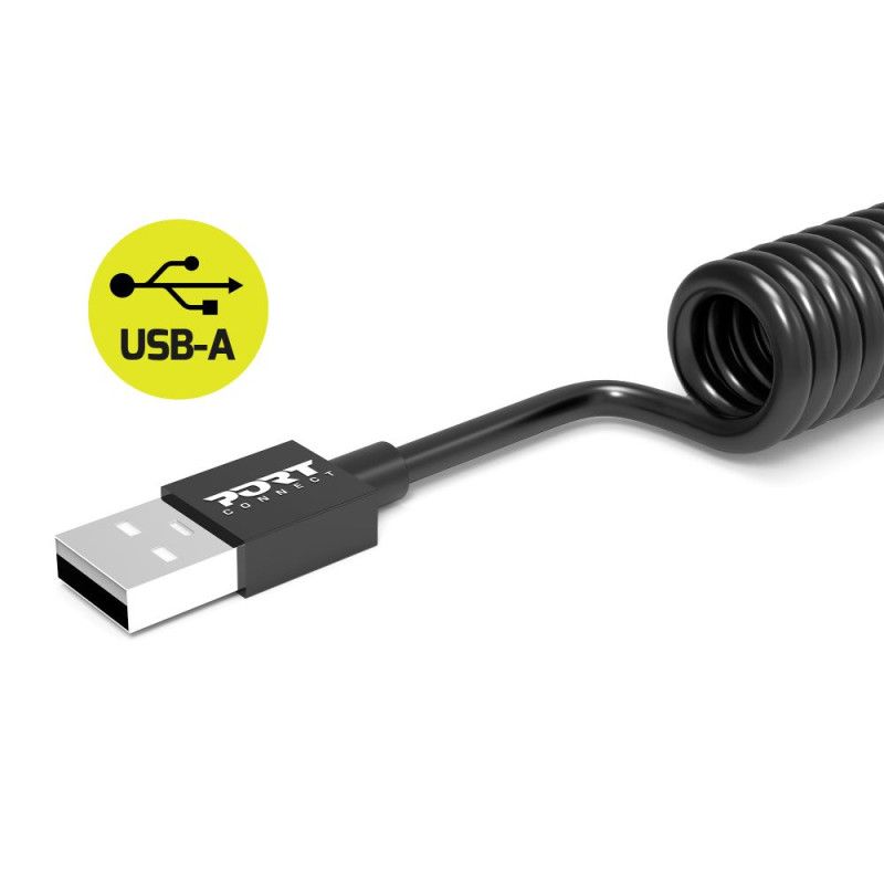 Port Designs 10 USB-C 90° Spring Spiral Cable - USB-A Black