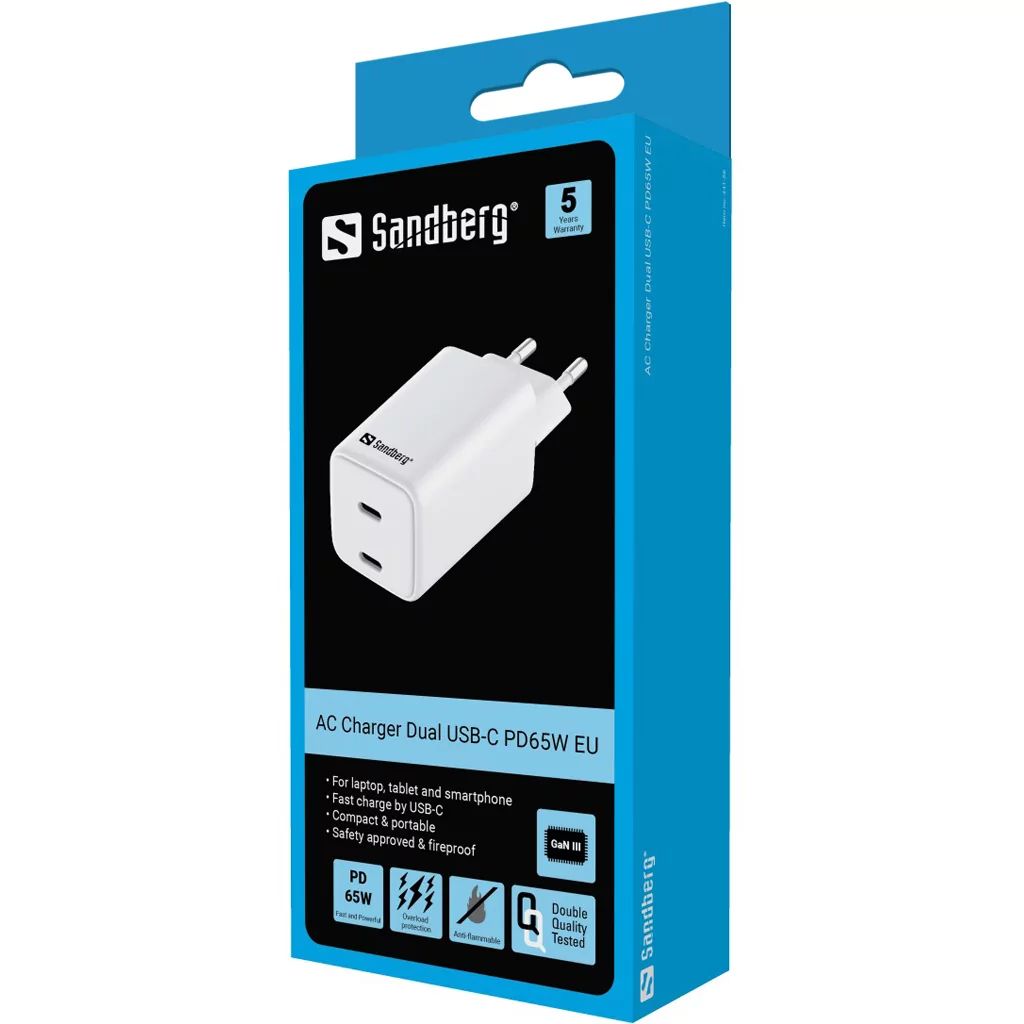 Sandberg AC Charger Dual USB-C PD65W EU White