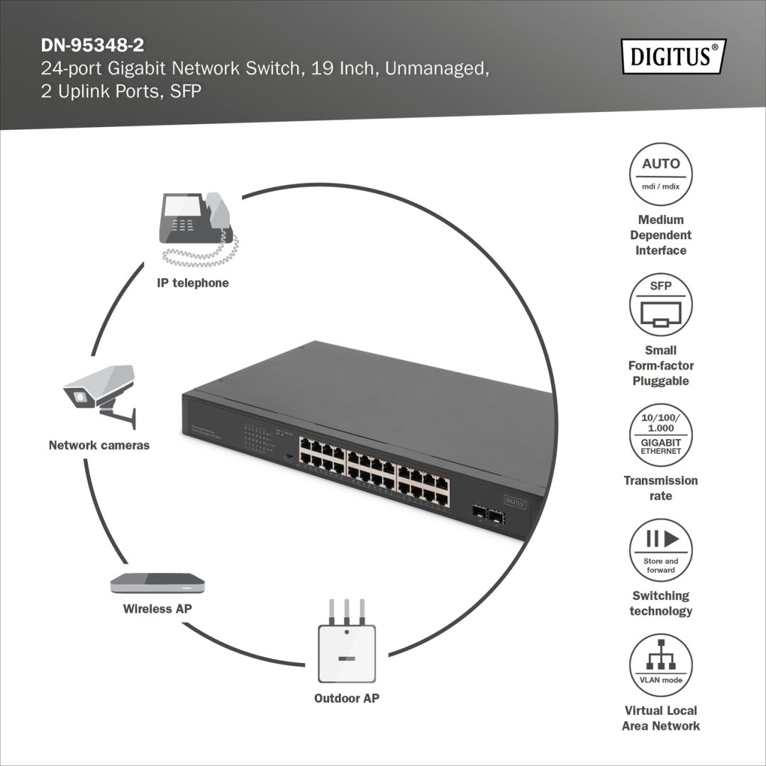 Digitus DN-95348-2 24 Port Gigabit Ethernet PoE Switch Black