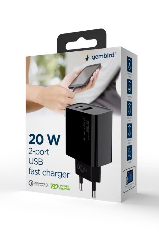 Gembird 2-Port 20W USB Fast Charger Black