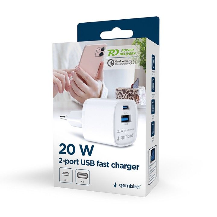 Gembird 2-Port 20W USB Fast Charger White