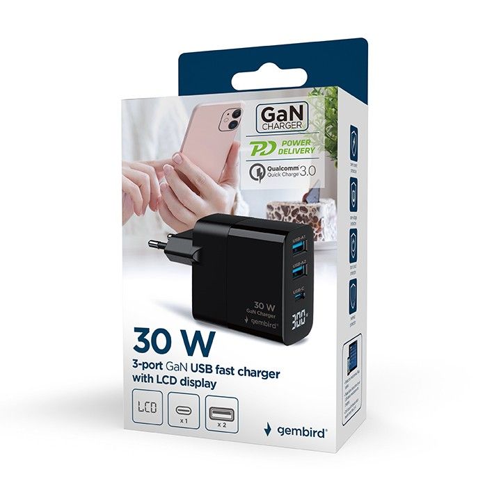 Gembird 3-Port 30W USB Fast Charger Black