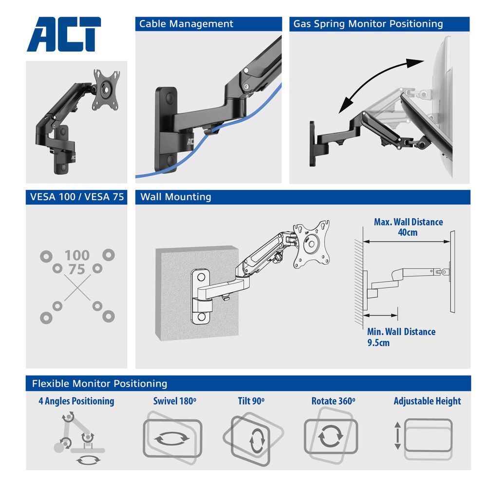 ACT AC8310 Monitor wall mount with gas spring 1 screen Black