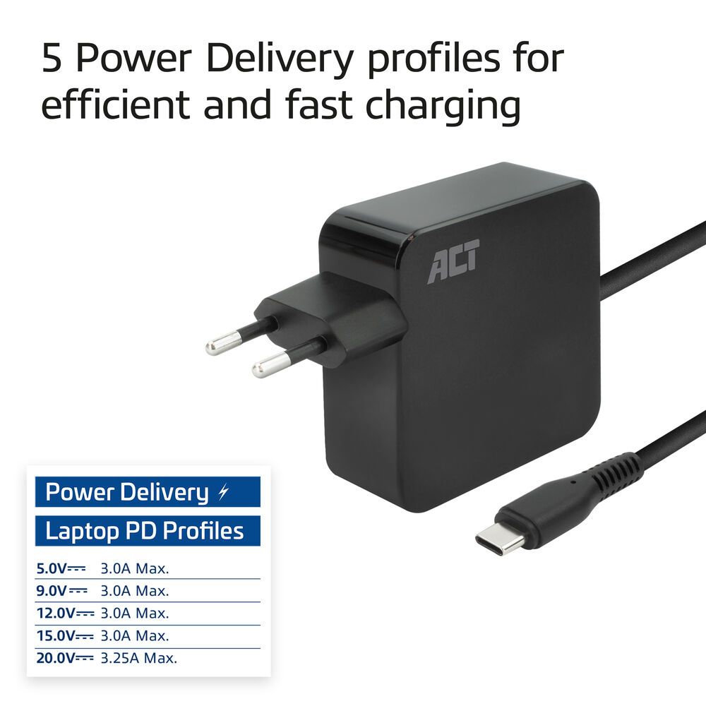 ACT USB-C laptop wall charger 65W with Power Delivery profiles 2m Black