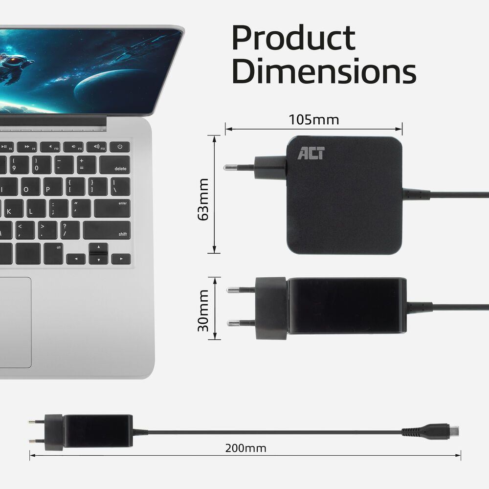 ACT USB-C laptop wall charger 65W with Power Delivery profiles 2m Black