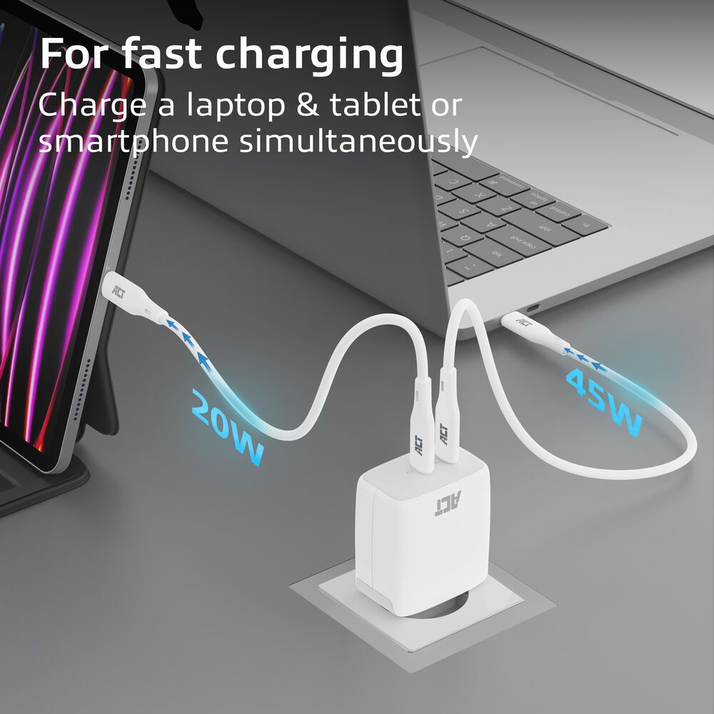 ACT AC2165 USB-C Charger 65W 2-port with Power Delivery PPS and GaNFast White