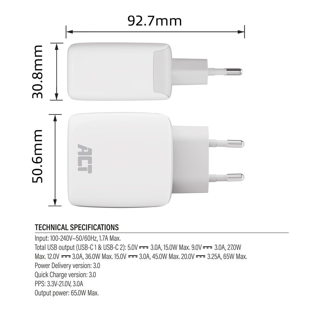 ACT AC2165 USB-C Charger 65W 2-port with Power Delivery PPS and GaNFast White