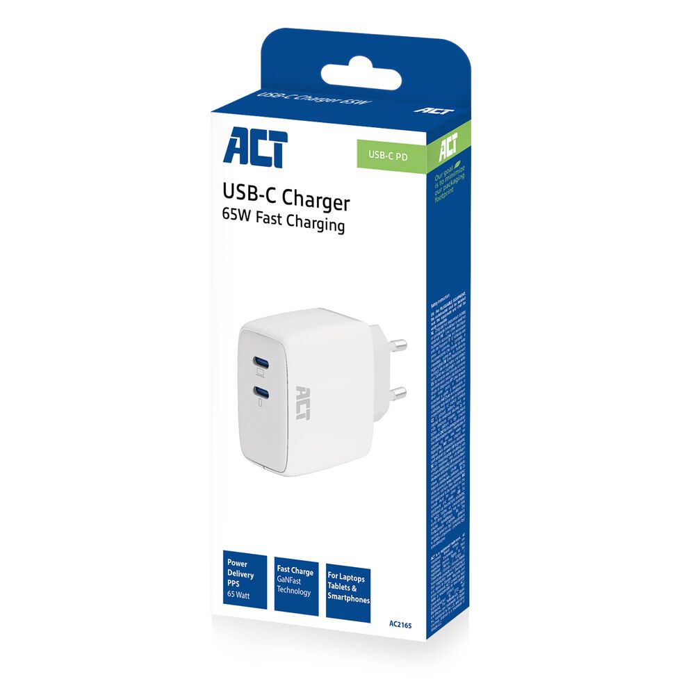 ACT AC2165 USB-C Charger 65W 2-port with Power Delivery PPS and GaNFast White