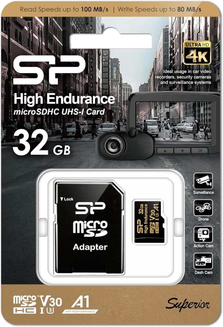 Silicon Power 32GB microSDHC Gold Series High Endurance Class 10 UHS-I U3 V30 A1 + adapterrel