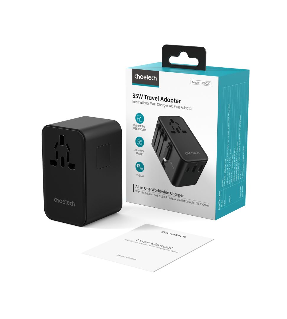 Choetech  PD5020 35W EU/US/AUS/UK Travel Adapter with Built-in USB-C Cable Black