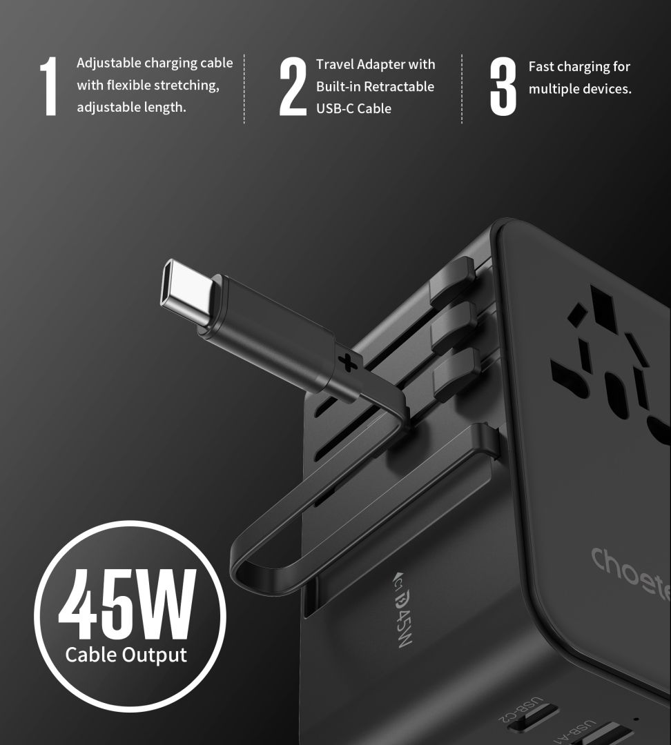 Choetech  PD5021 45W EU/US/AUS/UK Travel Adapter with Built-in USB-C Cable Black