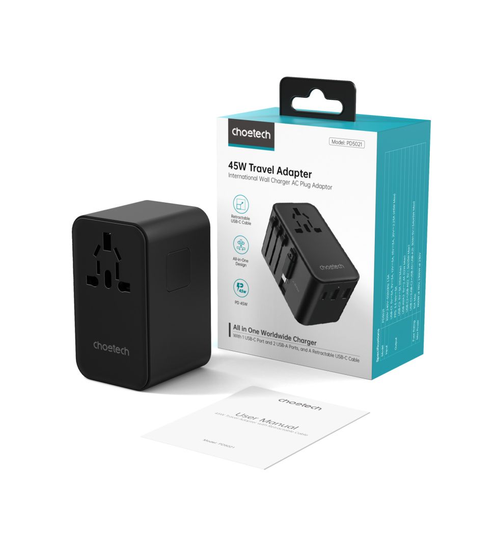 Choetech  PD5021 45W EU/US/AUS/UK Travel Adapter with Built-in USB-C Cable Black