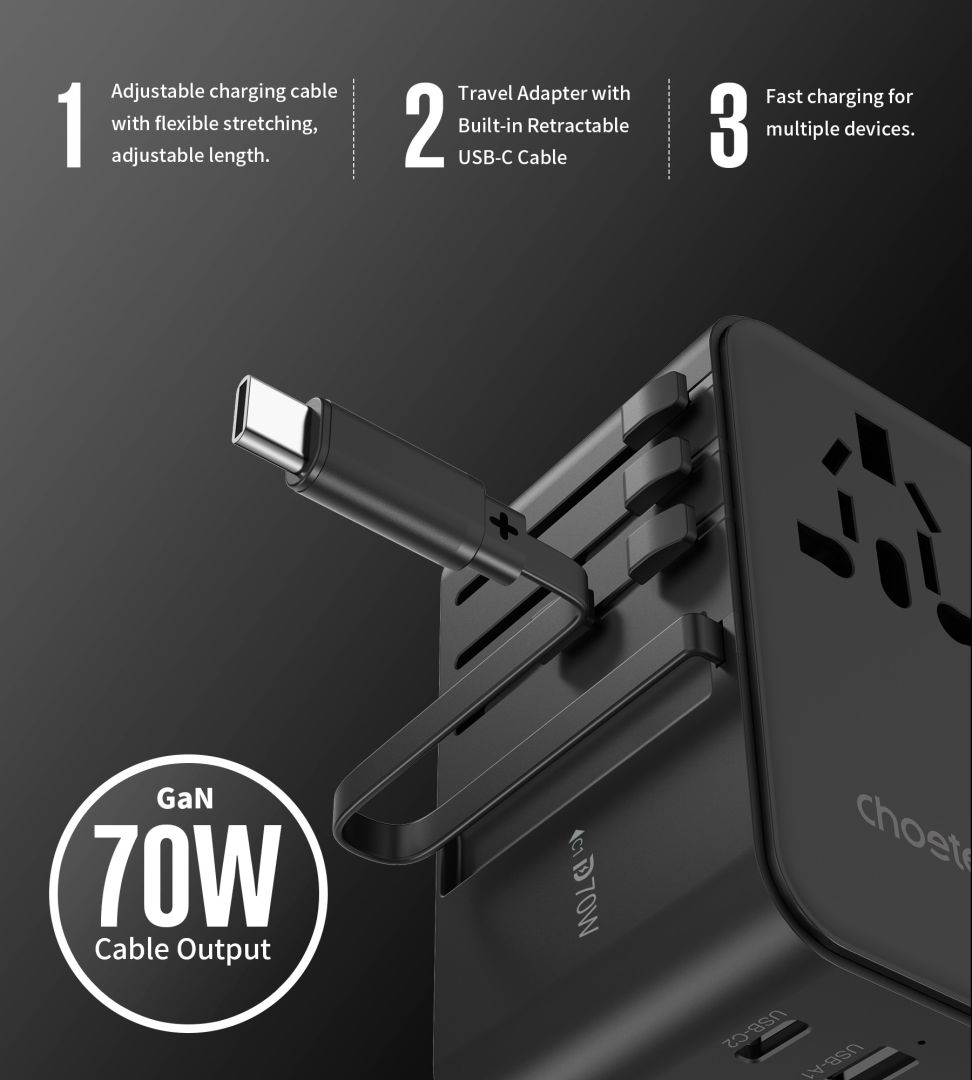 Choetech  PD5022 70W EU/US/AUS/UK Travel Adapter with Built-in USB-C Cable Black