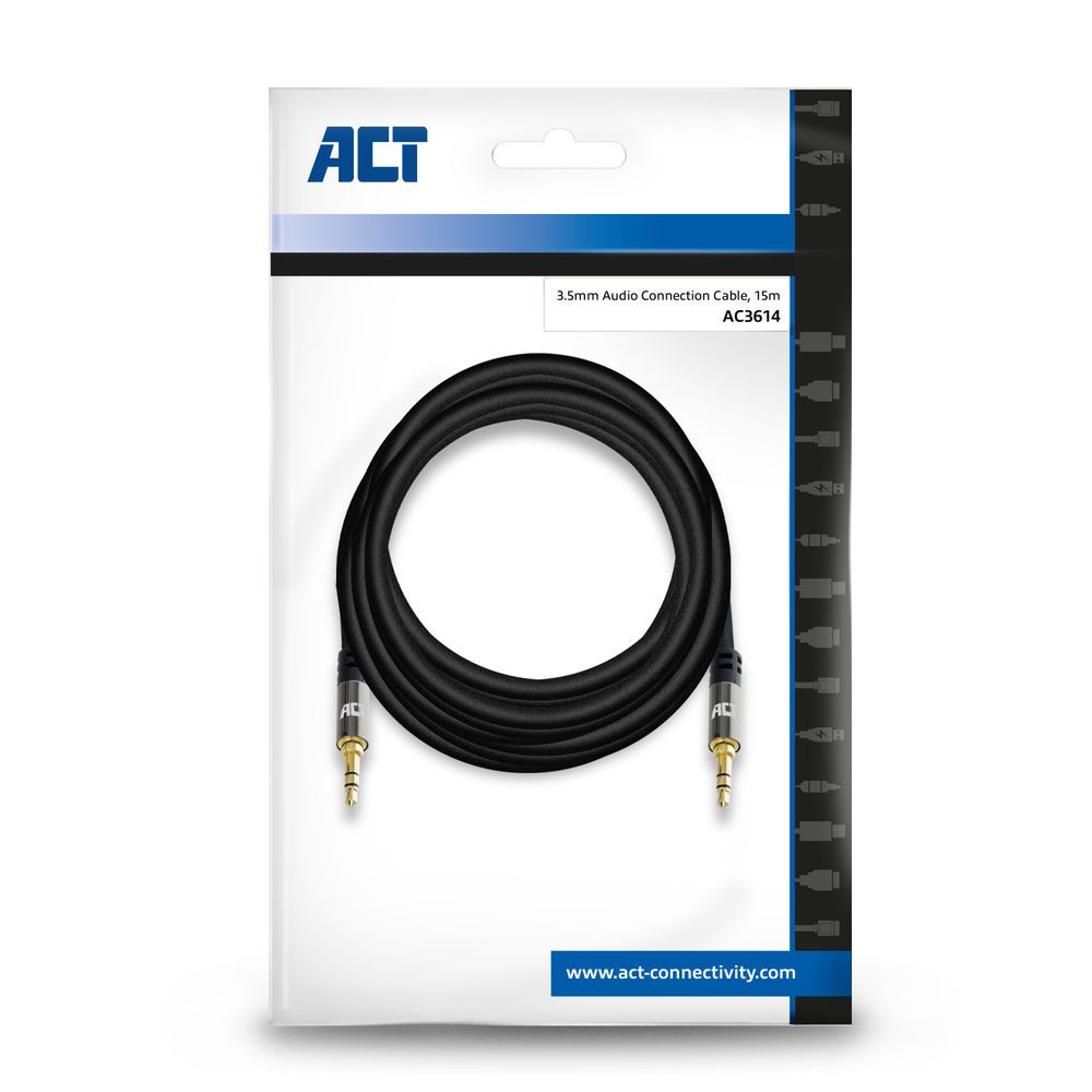 ACT High Quality audio connection cable 3.5 mm stereo jack male to male 15m Black