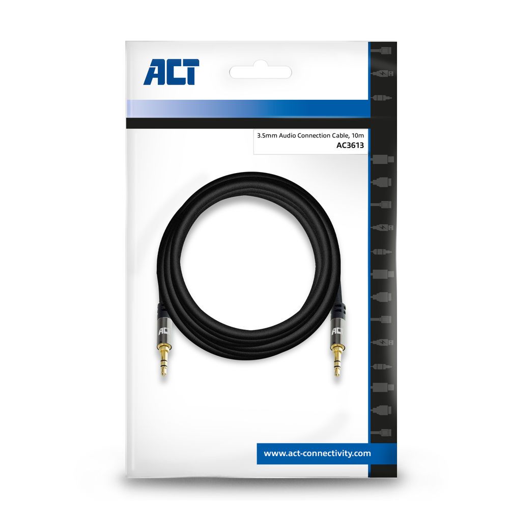 ACT High Quality audio connection cable 3.5 mm stereo jack male to male 10m Black