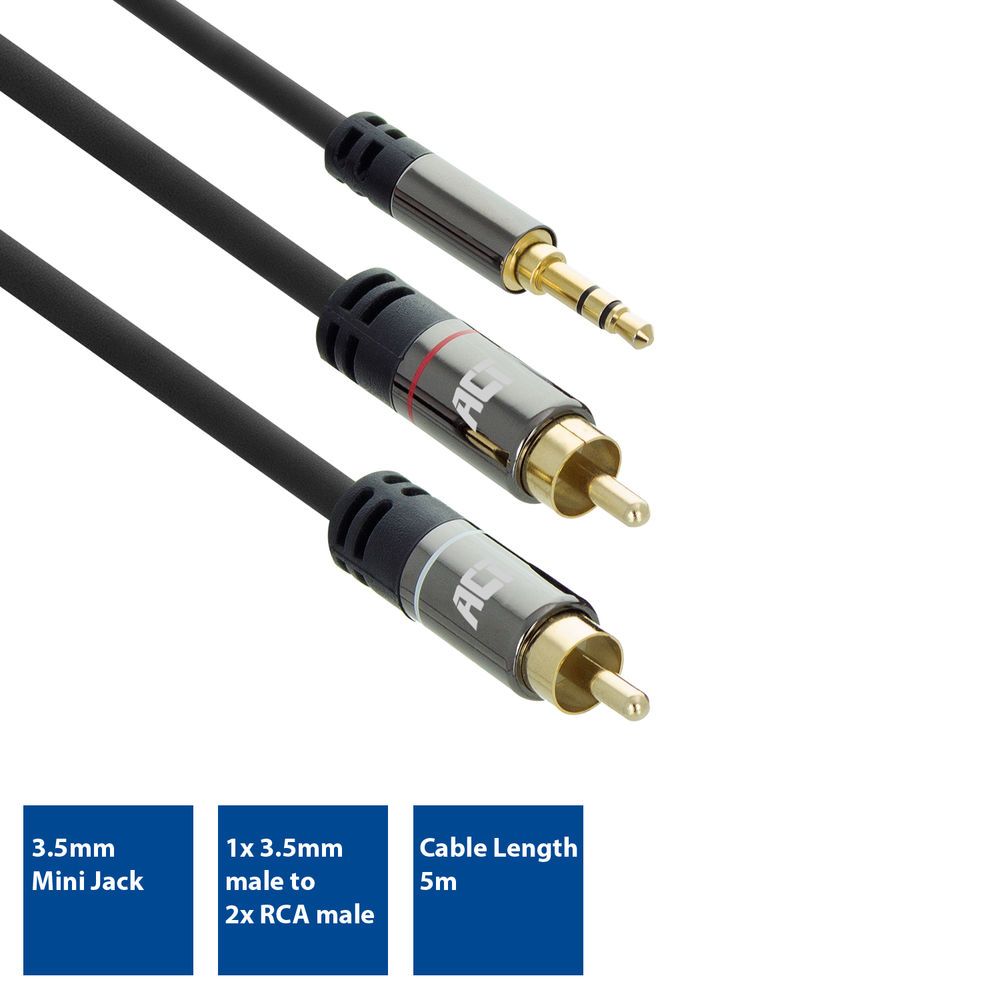 ACT High Quality audio connection cable 1x 3.5mm stereo jack male to 2x RCA male 5m Black