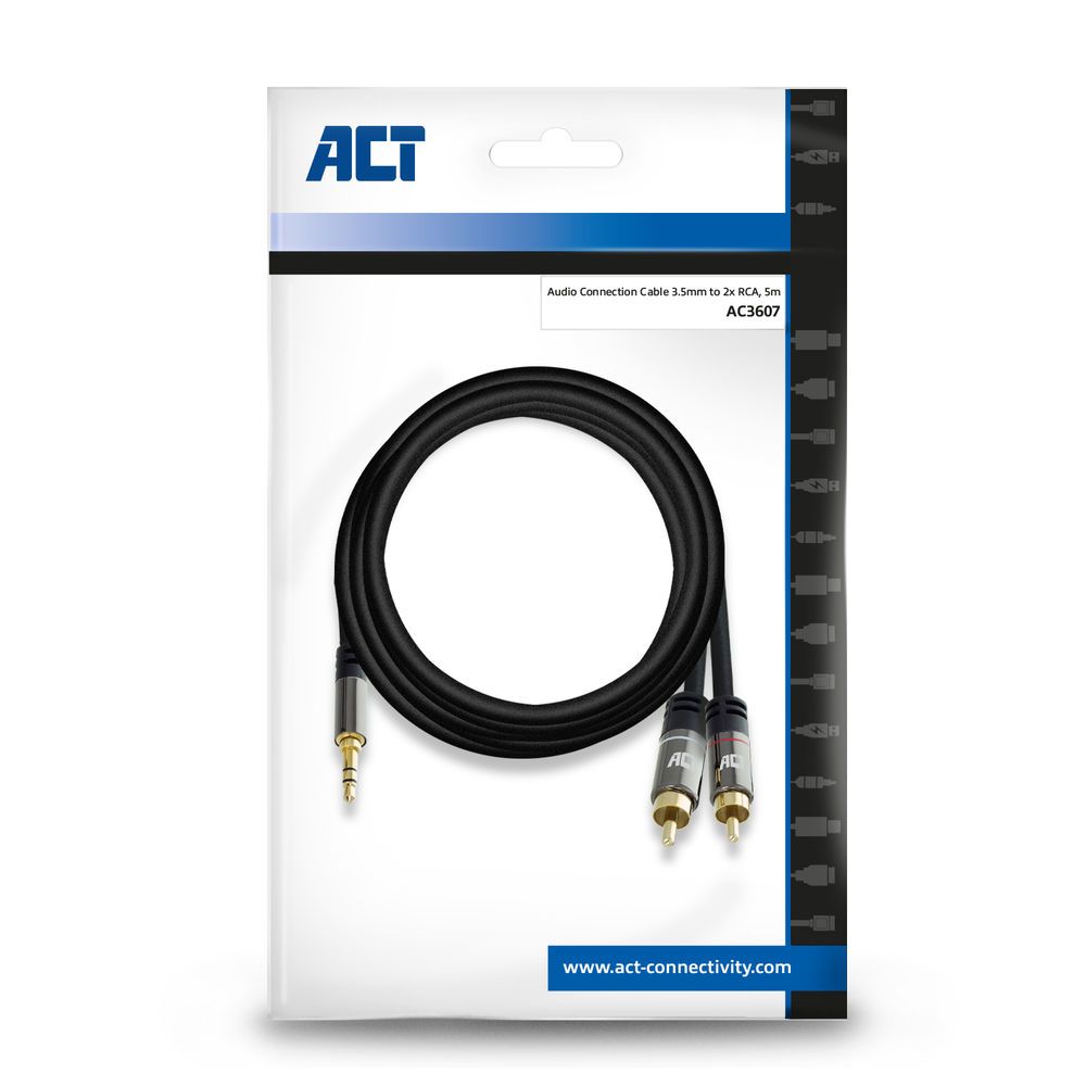 ACT High Quality audio connection cable 1x 3.5mm stereo jack male to 2x RCA male 5m Black