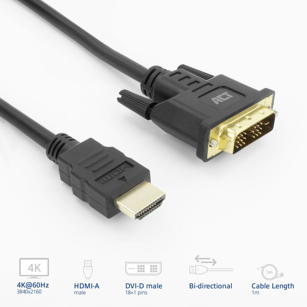 ACT HDMI-A male to DVI-D male adapter cable 1m Black