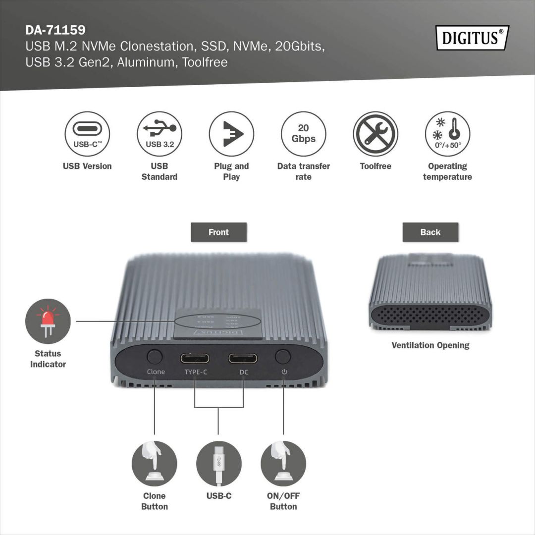 Digitus NVMe Clonestation NVMe 20Gbits USB3.2 Gen2 Aluminium