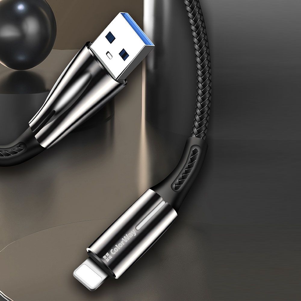 ColorWay USB to Apple Lightning (zinc alloy + led) 2.4A 1m Black