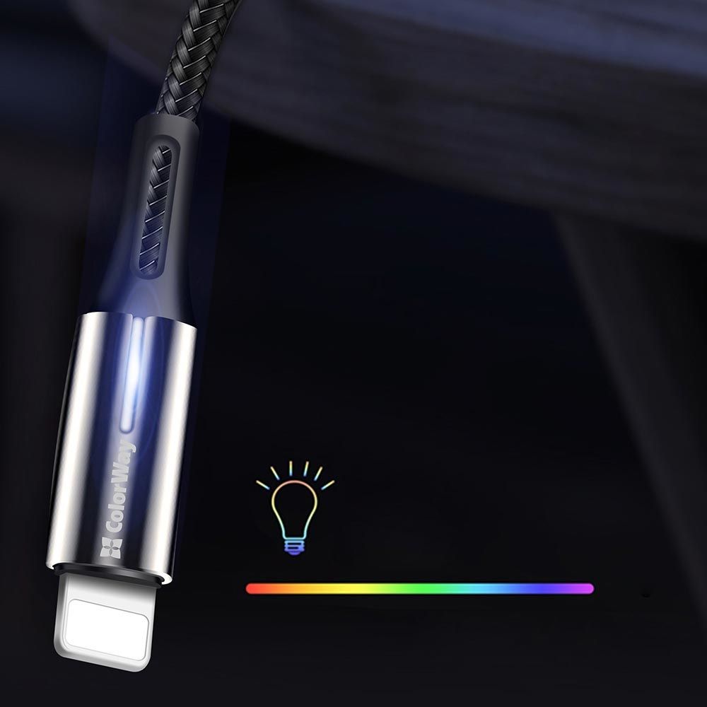 ColorWay USB to Apple Lightning (zinc alloy + led) 2.4A 1m Black