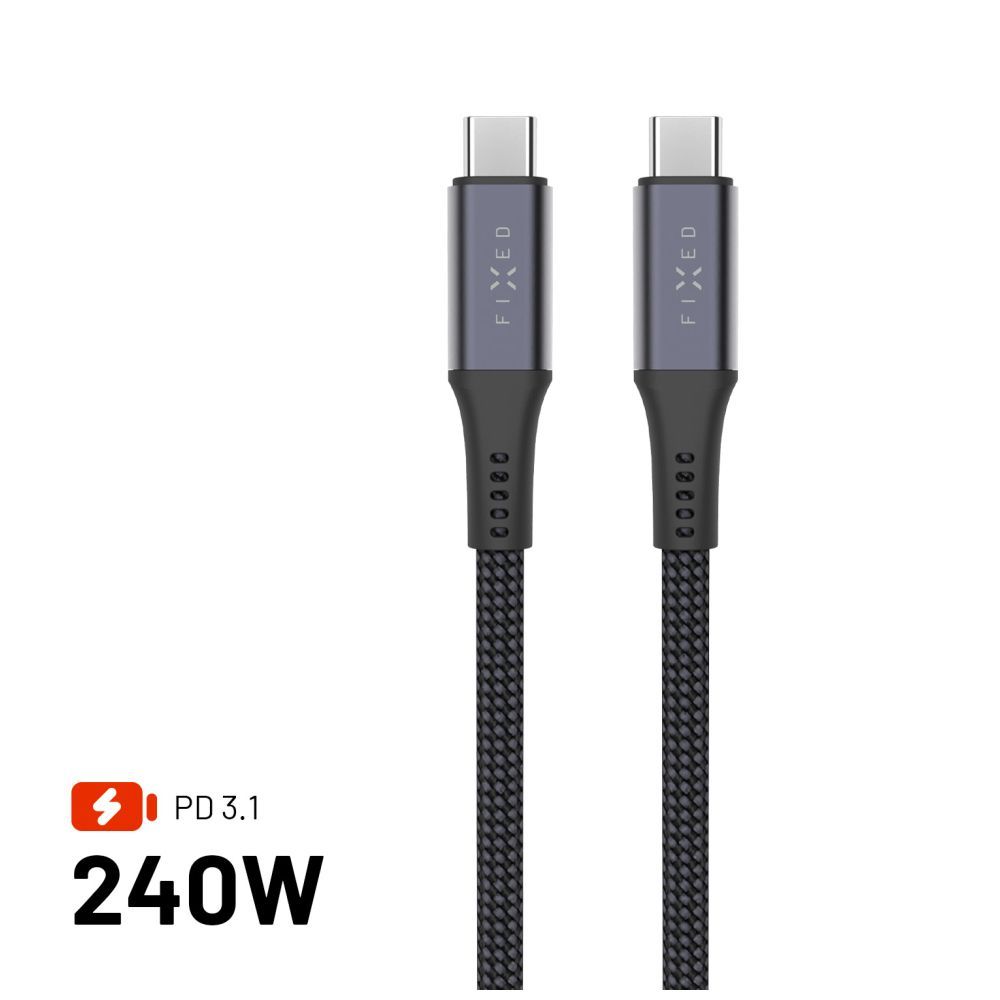 FIXED USB-C/USB-C adat- és töltőkábel FIXDBP-CC2-GR fonott szövet borítás, USB4 gen2 20Gbps 4K 60Hz max 240W 2m, szürke