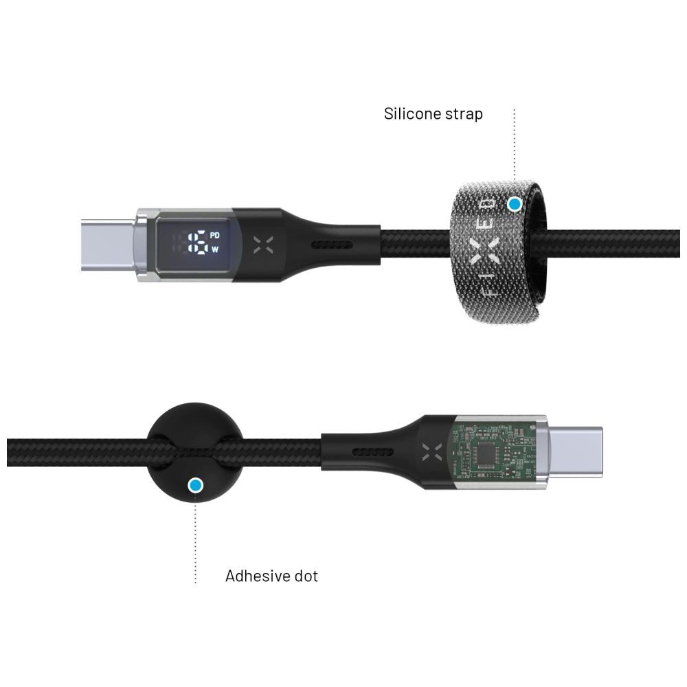 FIXED USB-C/USB-C adat- és töltőkábel kijelzővel, PD, USB 2.0 100W 1,2m, fekete