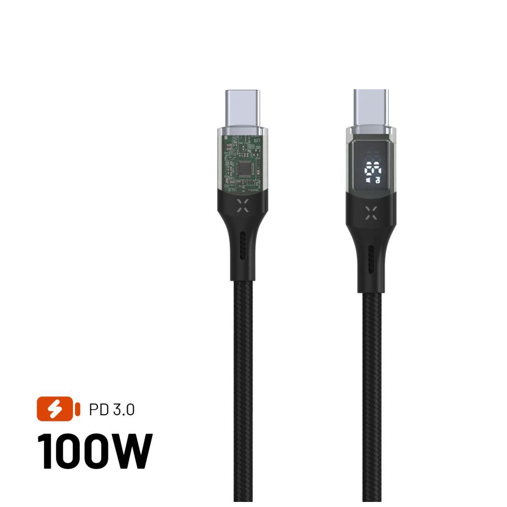 FIXED USB-C/USB-C adat- és töltőkábel kijelzővel, PD, USB 2.0 100W 2m, fekete