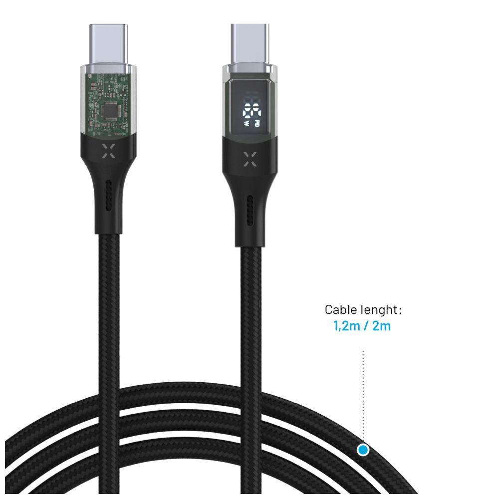 FIXED USB-C/USB-C adat- és töltőkábel kijelzővel, PD, USB 2.0 100W 2m, fekete