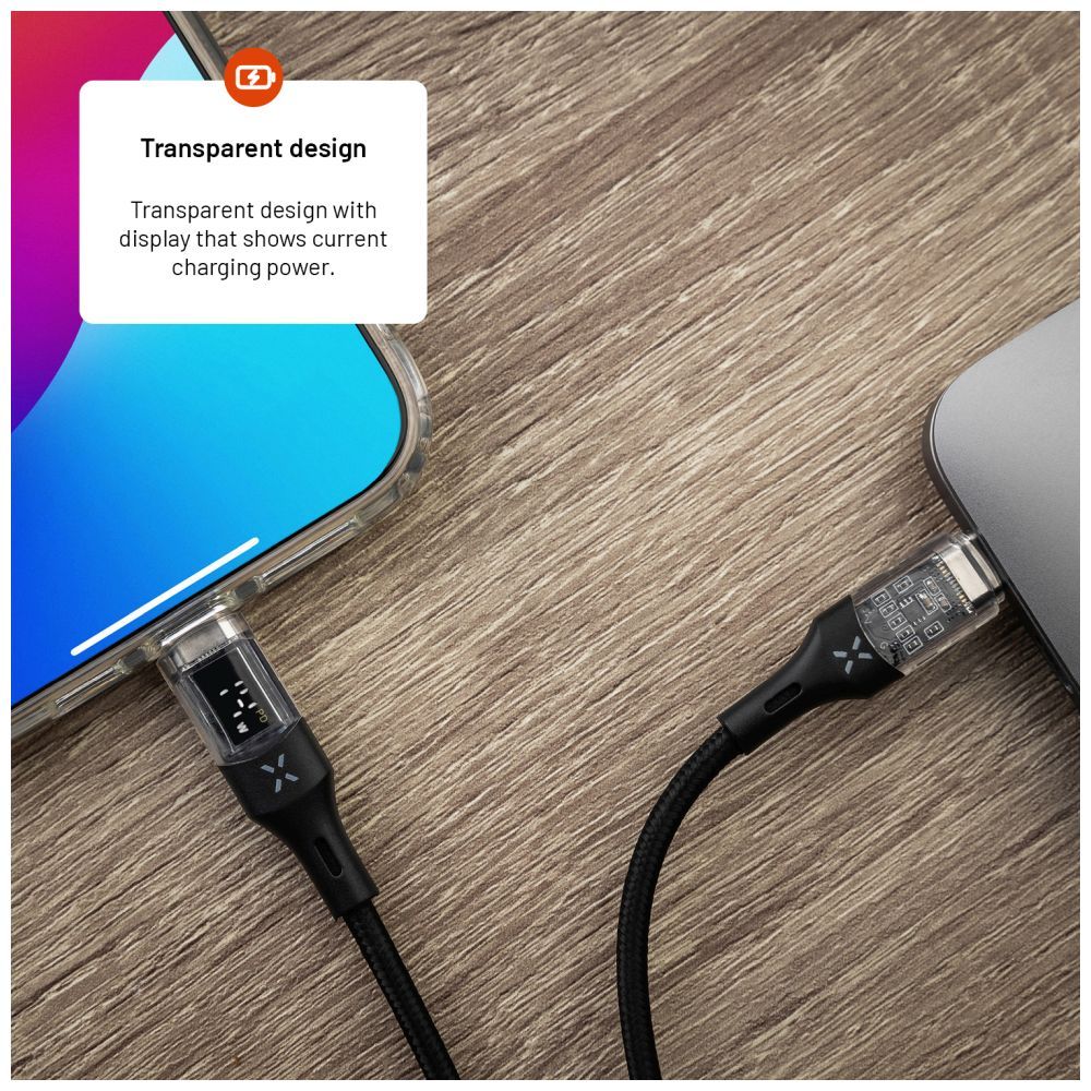 FIXED USB-C/USB-C adat- és töltőkábel kijelzővel, PD, USB 2.0 100W 2m, fekete