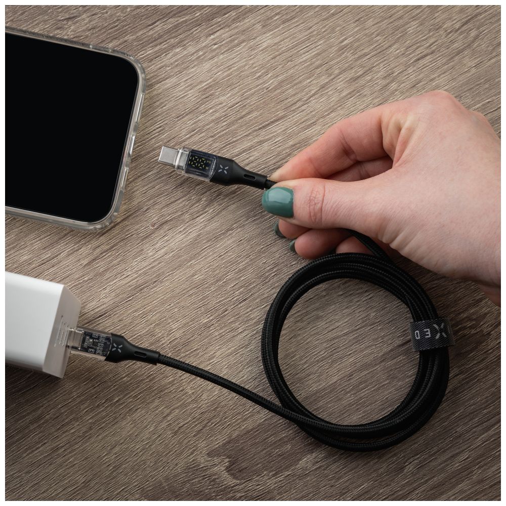 FIXED USB-C/USB-C adat- és töltőkábel kijelzővel, PD, USB 2.0 100W 2m, fekete