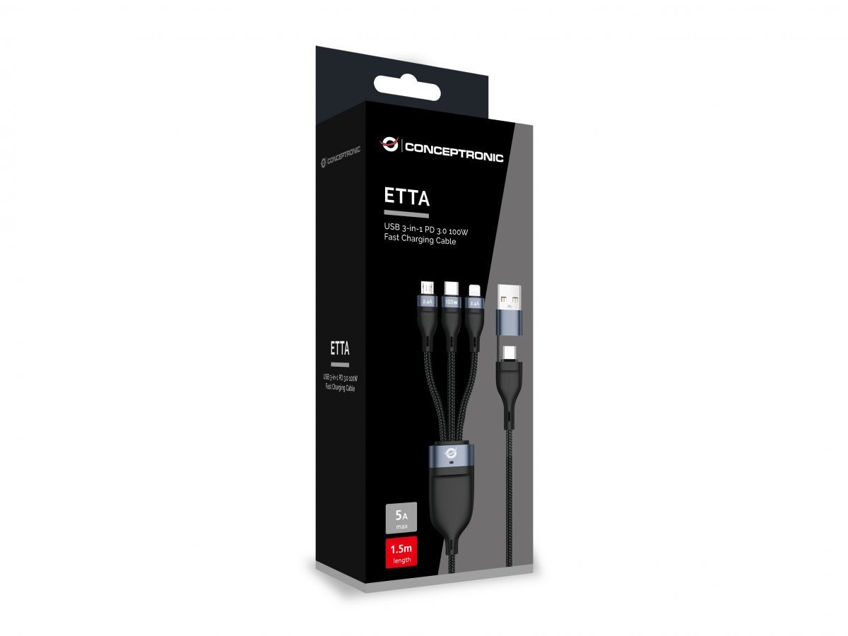 Conceptronic  ETTA06B15 USB 3-in-1 PD 3.0 100W Fast Charging Cable